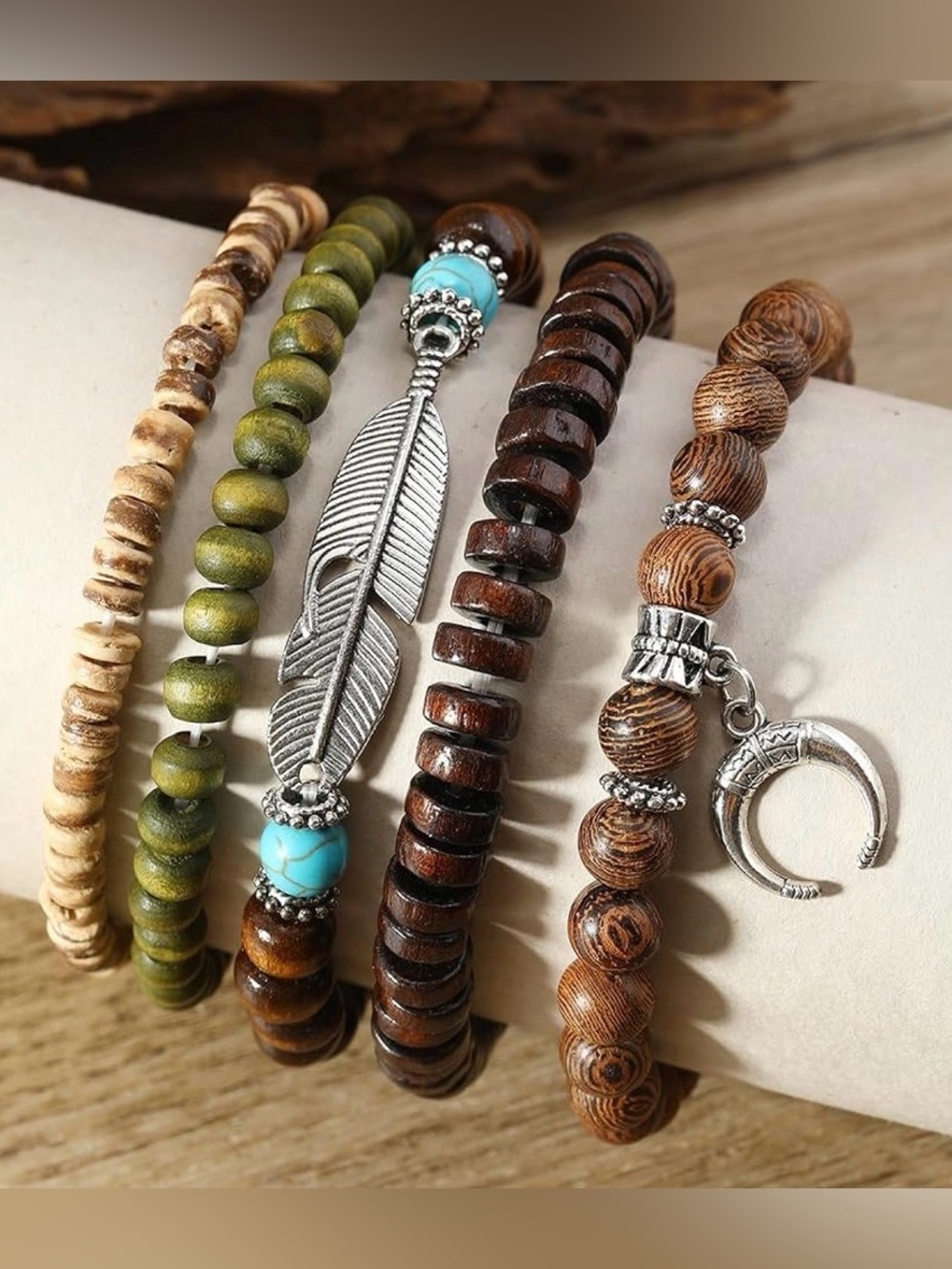 🌙✨5pcs Western Brown, Olive & Turquoise Beaded Layered Bracelet Set - Picture 3 of 7